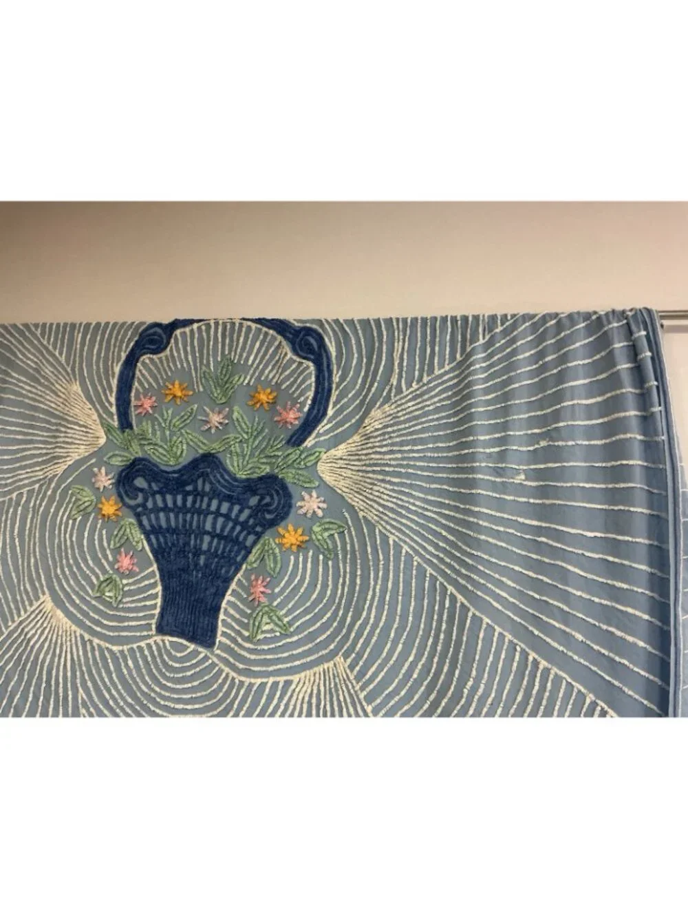 Vintage Chenille Flower Basket and Blue Ribbon Bedspread Full